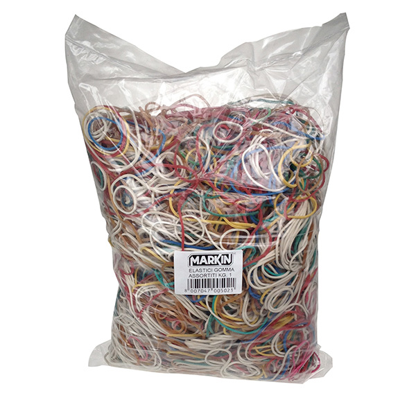 Elastici - gomma - misure e colori assortiti - Markin - conf. 1 kg (10 sacchetti da 100 g ciascuno)