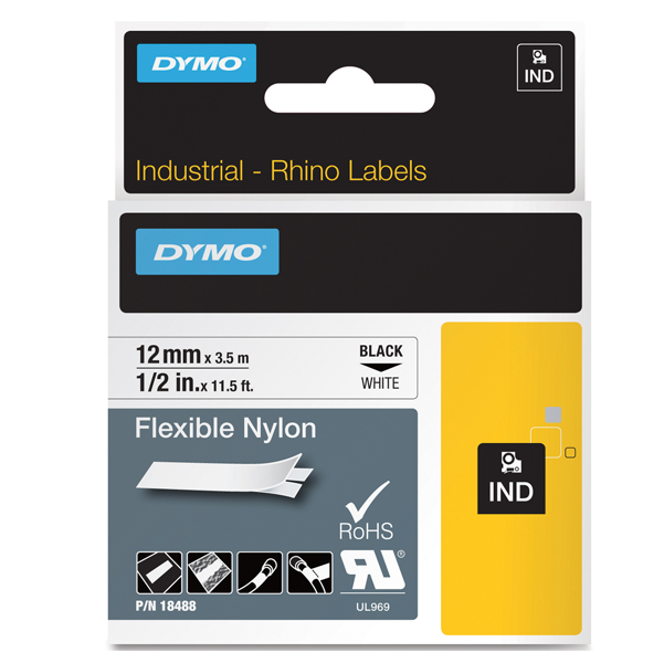 Nastro Rhino 18488 - 12 mm x 3,5 mt - nylon flessibile - nero/bianco - Dymo