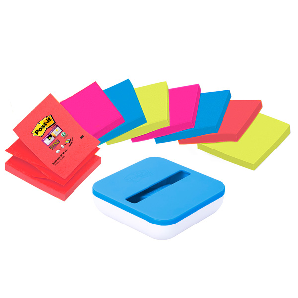 Dispenser da tavolo per Post it® Super Sticky Z Notes - 8 ricariche incluse - 76 x 76mm - colori assortiti - Post it®