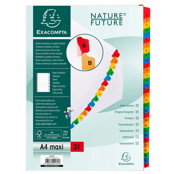 Separatore numerico 1/31 - cartoncino bianco 160 gr - tasti colorati - A4 maxi - Exacompta