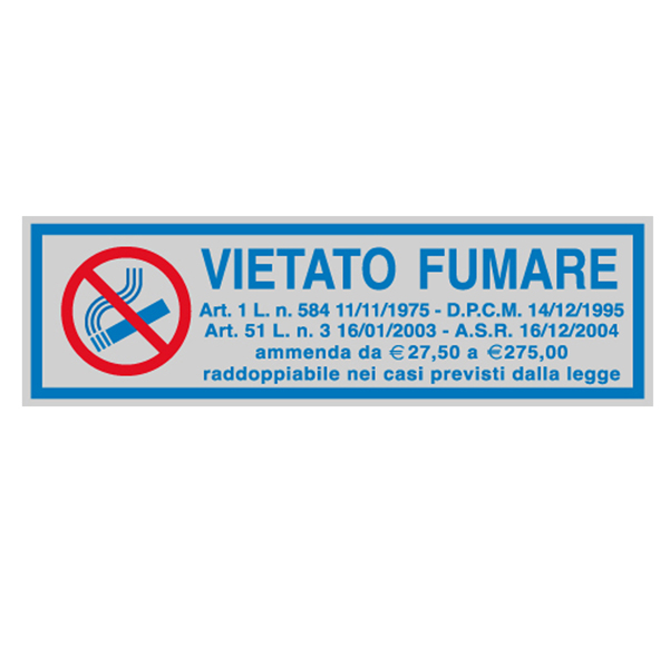 Targhetta adesiva - VIETATO FUMARE (con normativa) - 165x50 mm - Cartelli Segnalatori