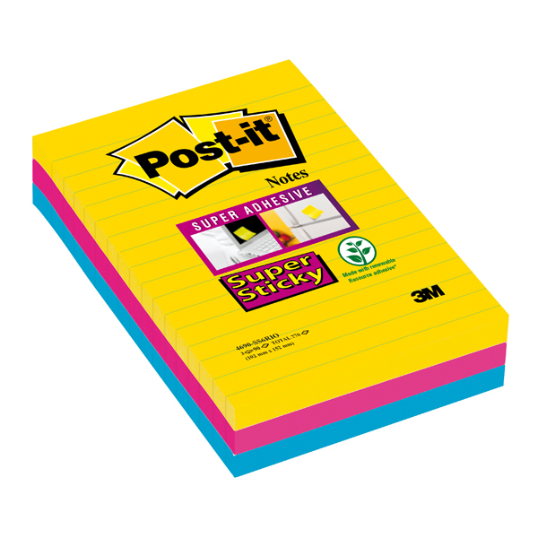 Blocco foglietti Post it® Super Sticky rettangolari - a righe - colori Rio - 101 x 152mm - 90 fogli - Post it®