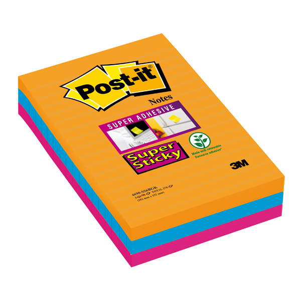 Blocco foglietti Post it® Super Sticky rettangolari - a righe - colori Bangkok - 101 x 152mm - 90 fogli - Post it®