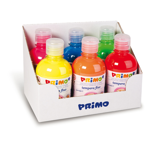 Tempera brillante fluorescente - 300ml - colori fluo assortiti - Primo - box 6 colori