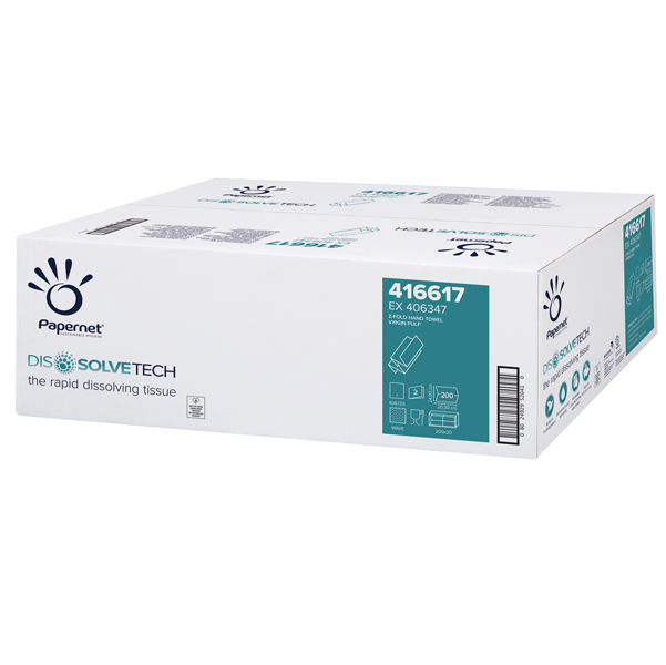 Asciugamani piegati a Z Dissolve Tech - 2 veli - 20 gr - goffratura a onda - 20,3x24 cm - bianco - Papernet - conf. 200 pezzi