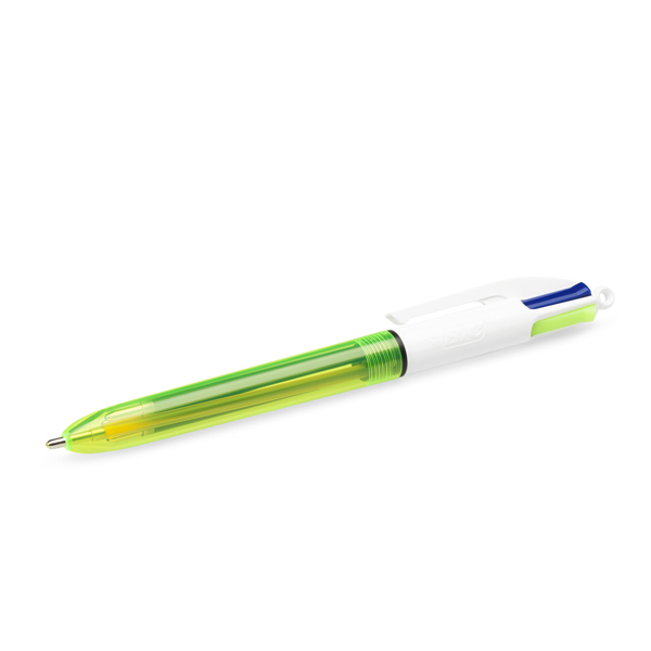 Penna a sfera a scatto - 4 colori fluo - fusto giallo fluorescente - punta 1,0/1,6mm - Bic - scatola 12 penne