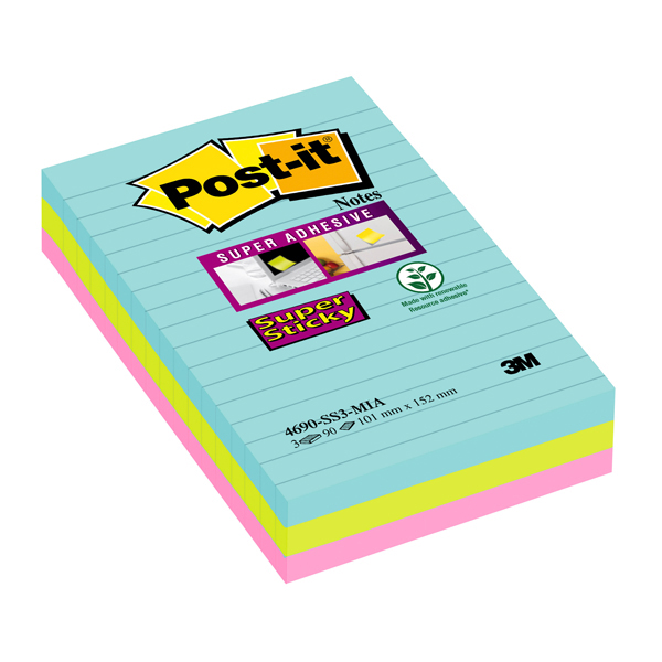 Blocco 90 foglietti post-it®super sticky righe 101x152mm 4690-ss3mia col.miami