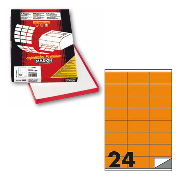 Etichetta adesiva C500 - permanente - 70x36 mm - 24 etichette per foglio - arancio fluo - Markin - scatola 100 fogli A4