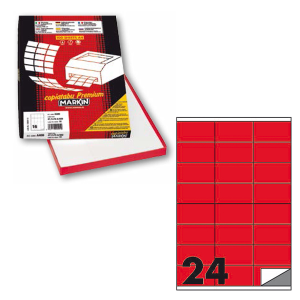 Etichetta adesiva C500 - permanente - 70x36 mm - 24 etichette per foglio - rosso fluo - Markin - scatola 100 fogli A4