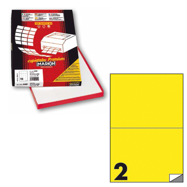 Etichetta adesiva C509 - permanente - 210x148 mm - 2 etichette per foglio - giallo fluo - Markin - scatola 100 fogli A4