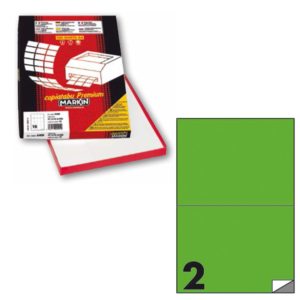 Etichetta adesiva C509 - permanente - 210x148 mm - 2 etichette per foglio - verde fluo - Markin - scatola 100 fogli A4