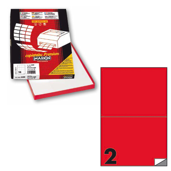 Etichetta adesiva C509 - permanente - 210x148 mm - 2 etichette per foglio - rosso fluo - Markin - scatola 100 fogli A4