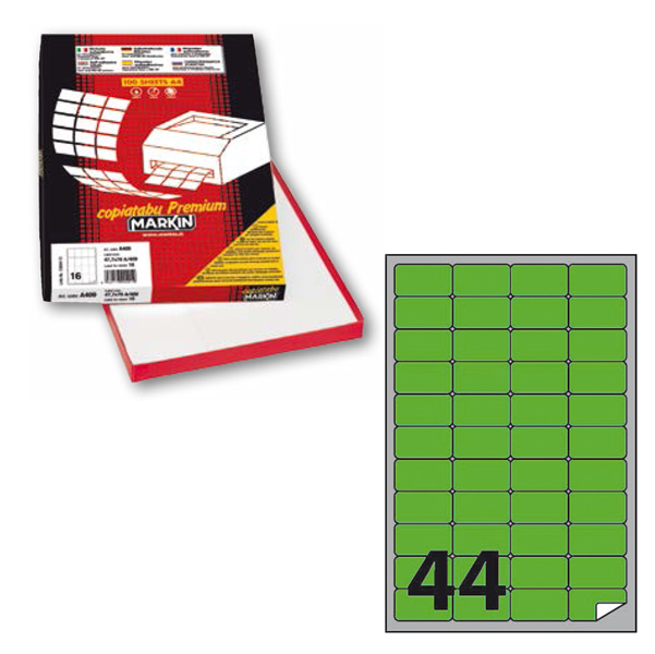 Etichetta adesiva A406 - permanente - 47,5x25,5 mm - 44 etichette per foglio - verde fluo - Markin - scatola 100 fogli A4