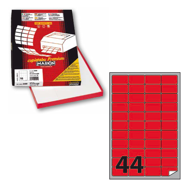 Etichetta adesiva A406 - permanente - 47,5x25,5 mm - 44 etichette per foglio - rosso fluo - Markin - scatola 100 fogli A4