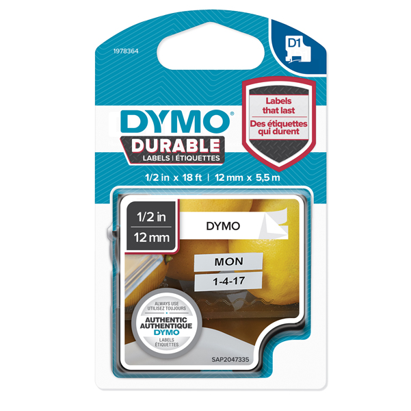 Nastro D1 Durable 1978364 - 12 mm x 5,5 mt - nero/bianco - Dymo