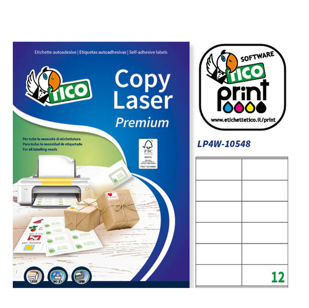 Etichetta adesiva LP4W - permanente - 105x48 mm - 12 etichette per foglio - bianco - Tico - conf. 100 fogli A4