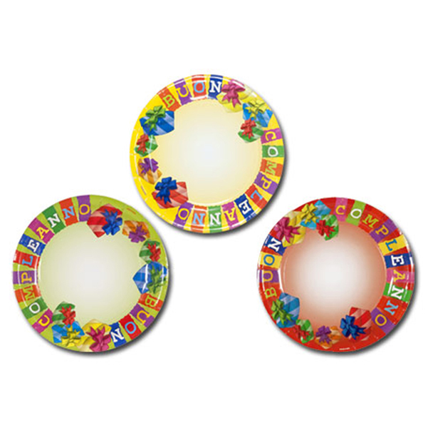 Piatti carta plastificata Buon compleanno - colori assortiti - diametro 18cm - Pegaso - conf. 10 piatti