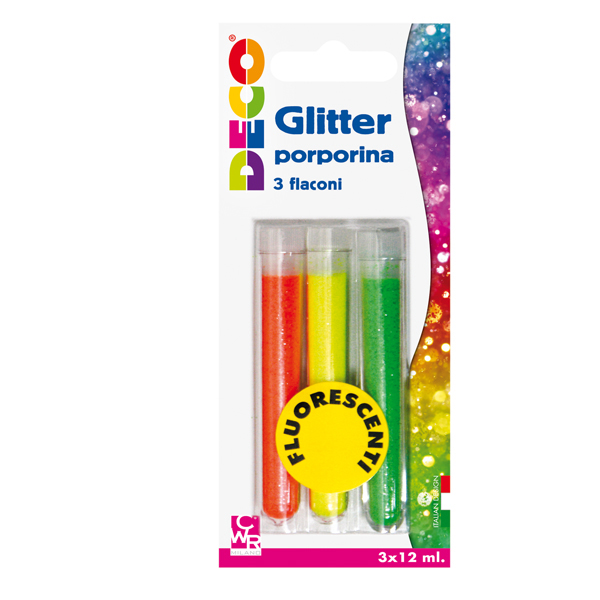 Glitter grana fine - 12ml - colori assortiti fluo - CWR - blister 3 flaconi