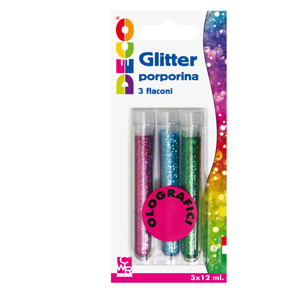 Glitter grana fine - 12ml - colori assortiti olografici - CWR - blister 3 flaconi