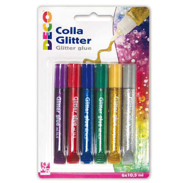 Blister Colla glitter - 10,5ml - colori assortiti metal - CWR - Conf. 6 penne
