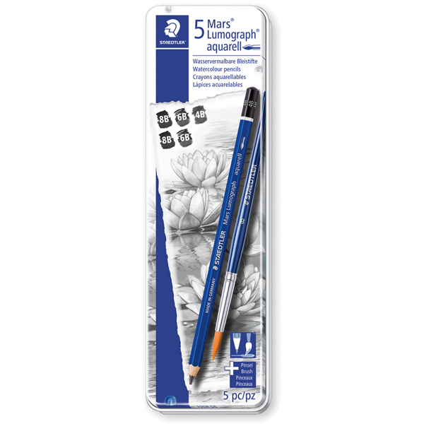 Astuccio metallo 5 matite+pennello Mars® Lumograph® acquerell. 3 grad.Staedtler