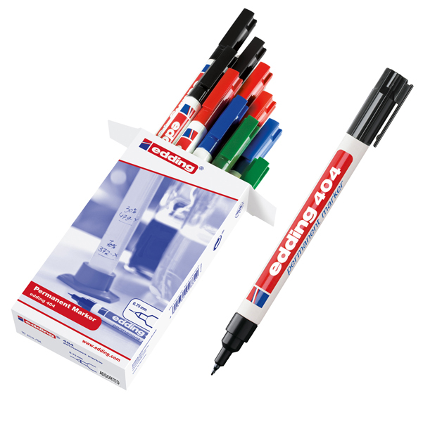 Marcatore permanente 404 - punta extra-fine 0,75mm - 10 x 4 colori: 3 nero, 3 rosso, 2 blu, 2 verde - Edding - conf. 10 pezzi