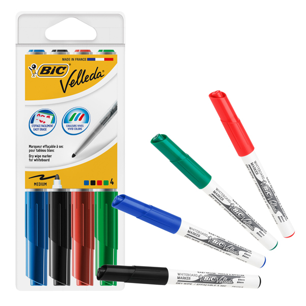 Pennarello Whiteboard Marker Velleda 1741 Bic  - punta tonda 1,4mm - astuccio 4 colori - Bic