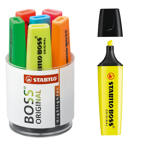 Evidenziatore Boss Original - punta a scalpello - tratto da 2,0-5,0mm - cilindro 6 colori assortiti - Stabilo