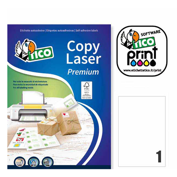 Etichetta adesiva LP4W Tico - bianco - 210x297 mm - 1 etichetta per foglio - conf. 100 fogli A4