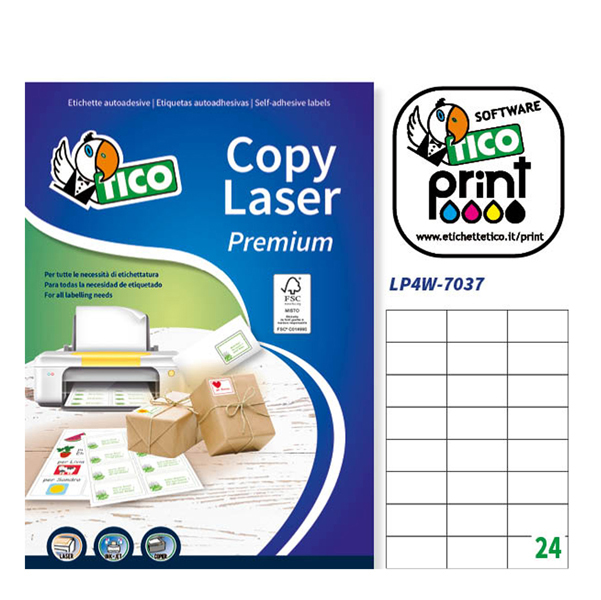 Etichetta adesiva LP4W - permanente - 70x37 mm - 24 etichette per foglio - bianco - Tico - conf. 100 fogli A4