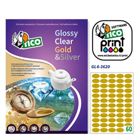 Etichetta adesiva GL4 - ovale - permanente - 36x20 mm - 60 etichette per foglio - satinata oro - Tico - conf. 100 fogli A4