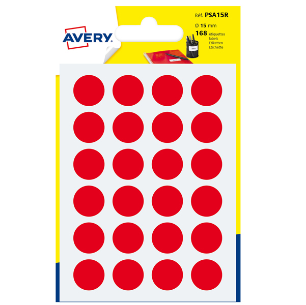 Etichetta adesiva tonda PSA - permanente - ø 15 mm - rosso - Avery - blister 168 etichette