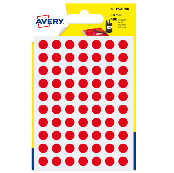 BLISTER 490 ETICHETTA ADESIVA TONDA PSA ROSSO Ø8MM AVERY