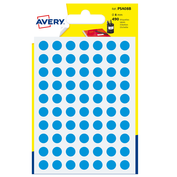 Etichetta adesiva tonda PSA - permanente - ø 8 mm - blu - Avery - blister 420 etichette