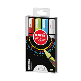 Marcatore a gesso liquido Uni Chalk Marker - punta tonda da 1,80-2,50mm - astucci 4 colori assortiti - Uni Mitsubishi