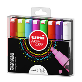 Marcatore a gesso liquido Uni Chalk Marker - punta scalpello da 1,80-2,50mm - astuccio 8 colori assortiti - Uni Mitsubishi