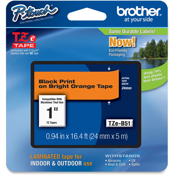 Brother - Nastro laminato fluorescente - Nero/Arancio fluo - TZEB51 - 24mm x 5mt