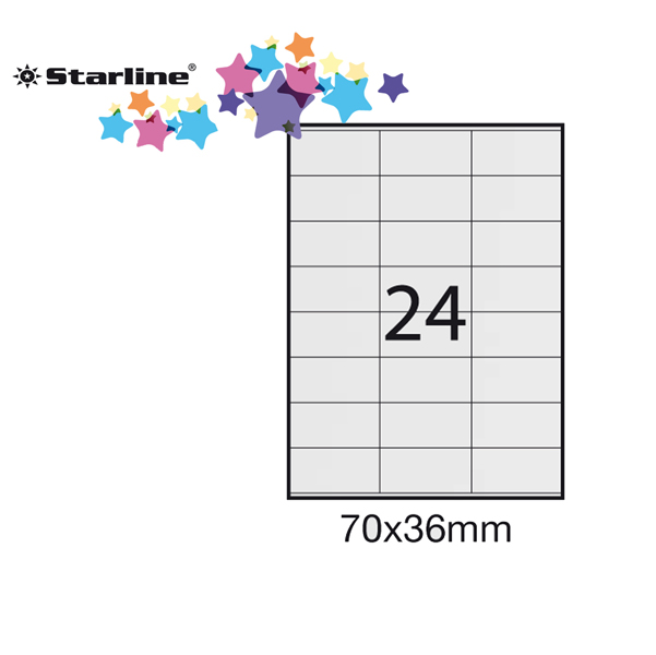Etichetta adesiva - permanente - 70x36 mm - 24 etichette per foglio - bianco - Starline - conf. 100 fogli A4