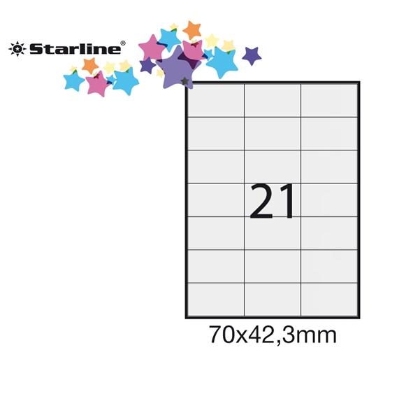 Etichetta adesiva - permanente - 70x42.3 mm - 21 etichette per foglio - bianco - Starline - conf. 100 fogli A4