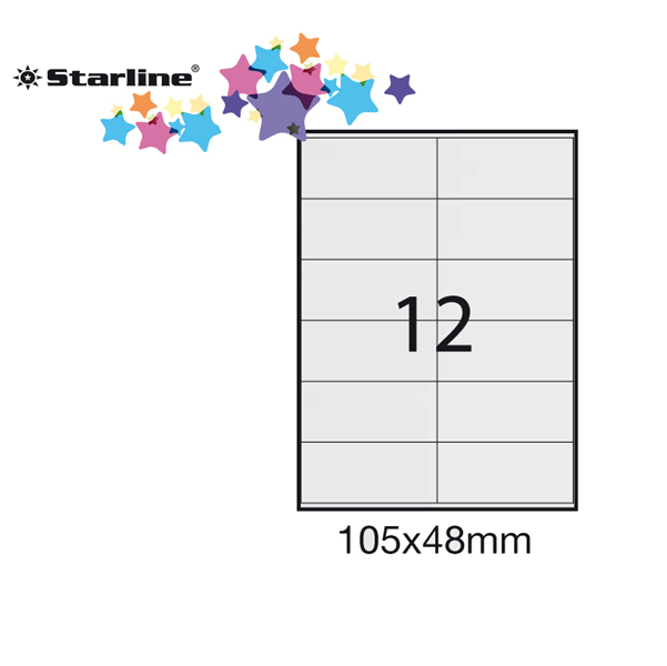 Etichetta adesiva - permanente - 105x48 mm - 12 etichette per foglio - bianco - Starline - conf. 100 fogli A4