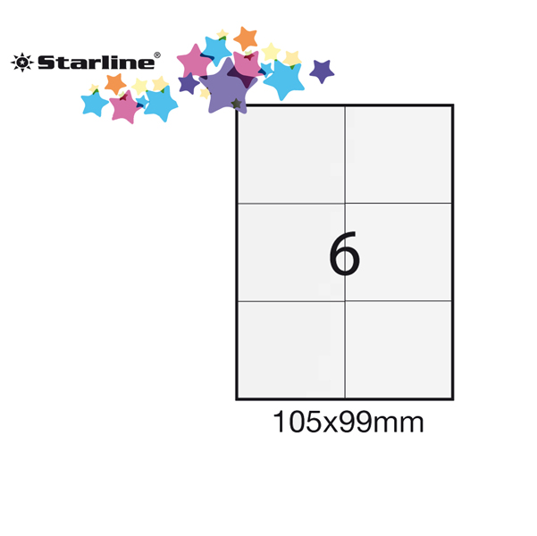 Etichetta adesiva - permanente - 105x99 mm - 6 etichette per foglio - bianco - Starline - conf. 100 fogli A4