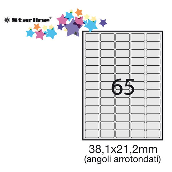 Etichetta adesiva - permanente - 38,1x21,2 mm - angoli tondi - 65 etichette per foglio - bianco - Starline - conf. 100 fogli A4