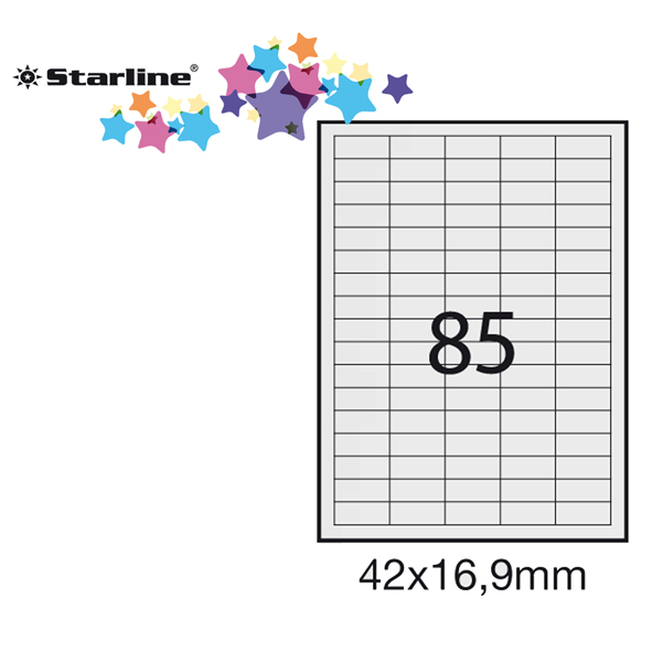 Etichetta adesiva - permanente - 42x16,9 mm - 85 etichette per foglio - bianco - Starline - conf. 100 fogli A4