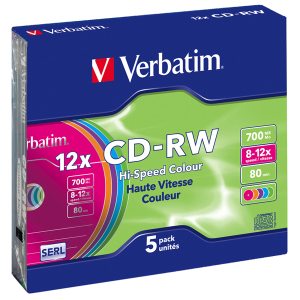 Verbatim - Scatola 5 CD-RW DataLife Plus - slim case - 8X-10X - serigrafato colorato - 43167 - 700MB
